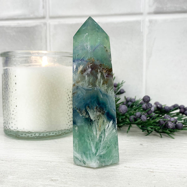 Polished Rainbow Snowflake Fluorite Tower