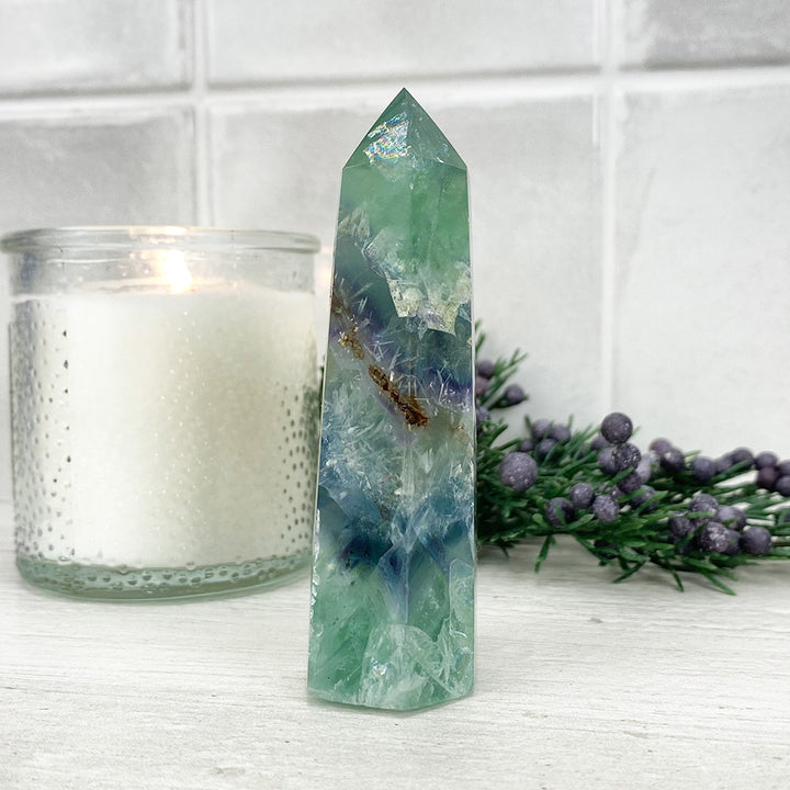 Polished Rainbow Snowflake Fluorite Tower