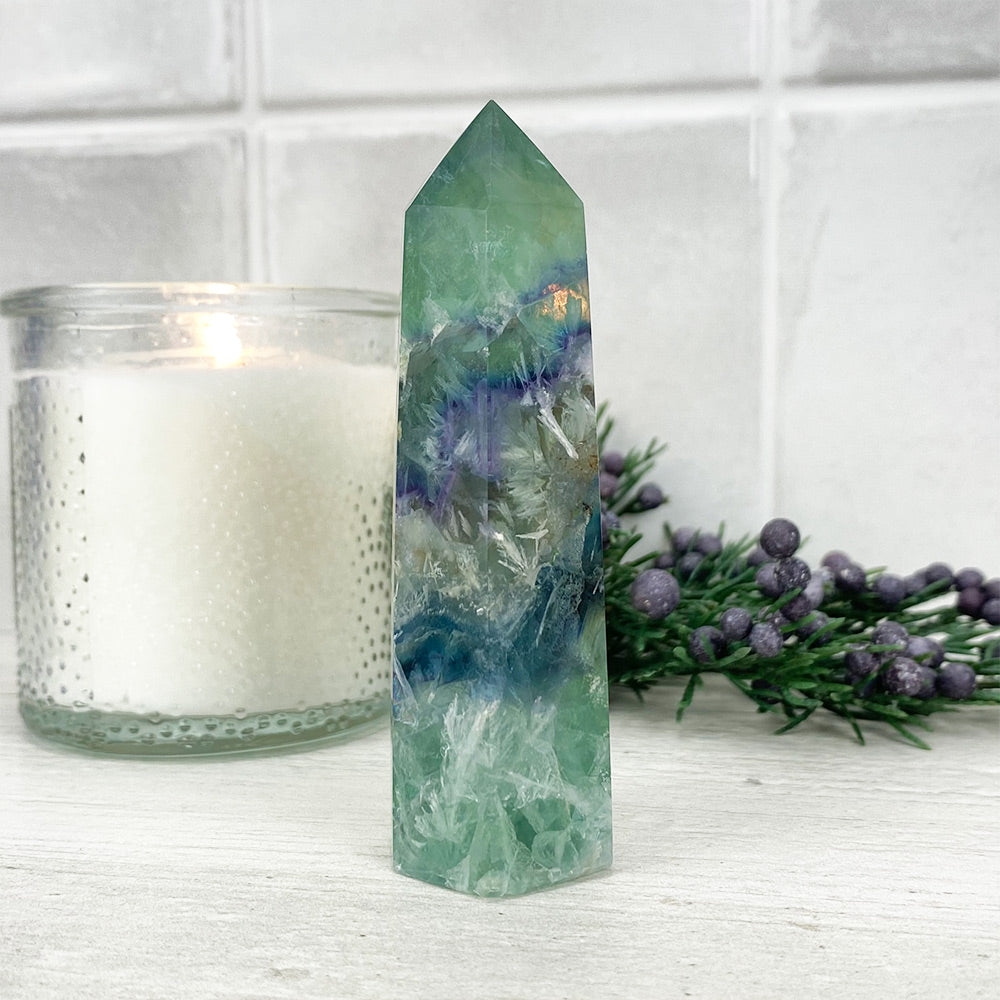 Polished Rainbow Snowflake Fluorite Tower