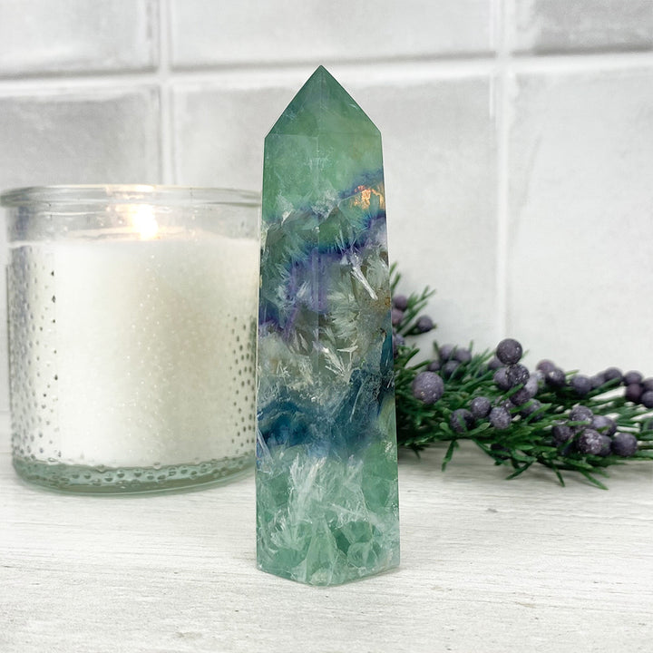 Polished Rainbow Snowflake Fluorite Tower