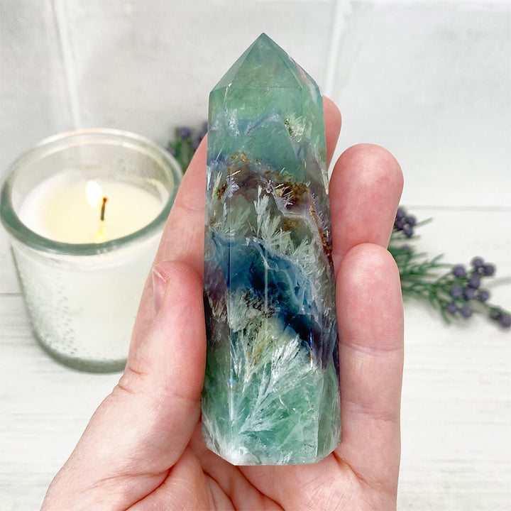 Polished Rainbow Snowflake Fluorite Tower