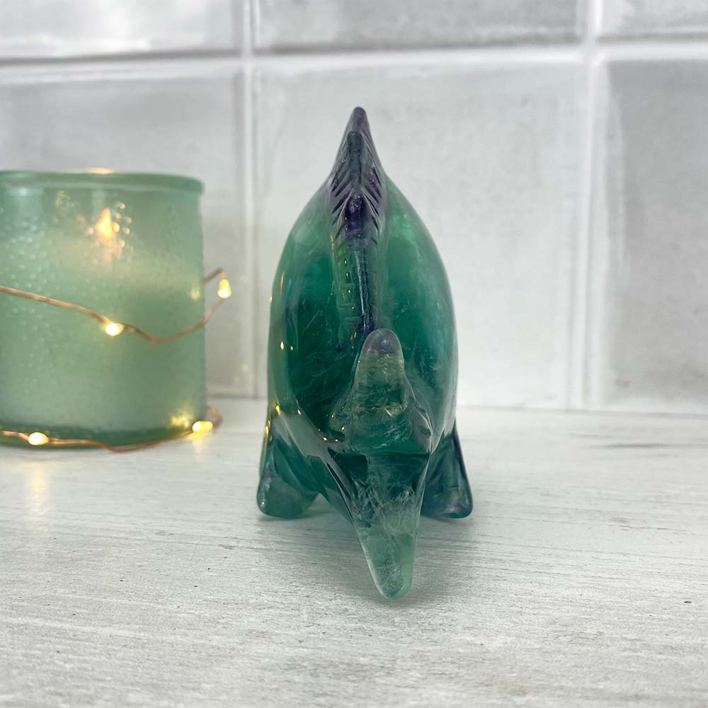 Polished Rainbow Fluorite Crystal Piranha Carving