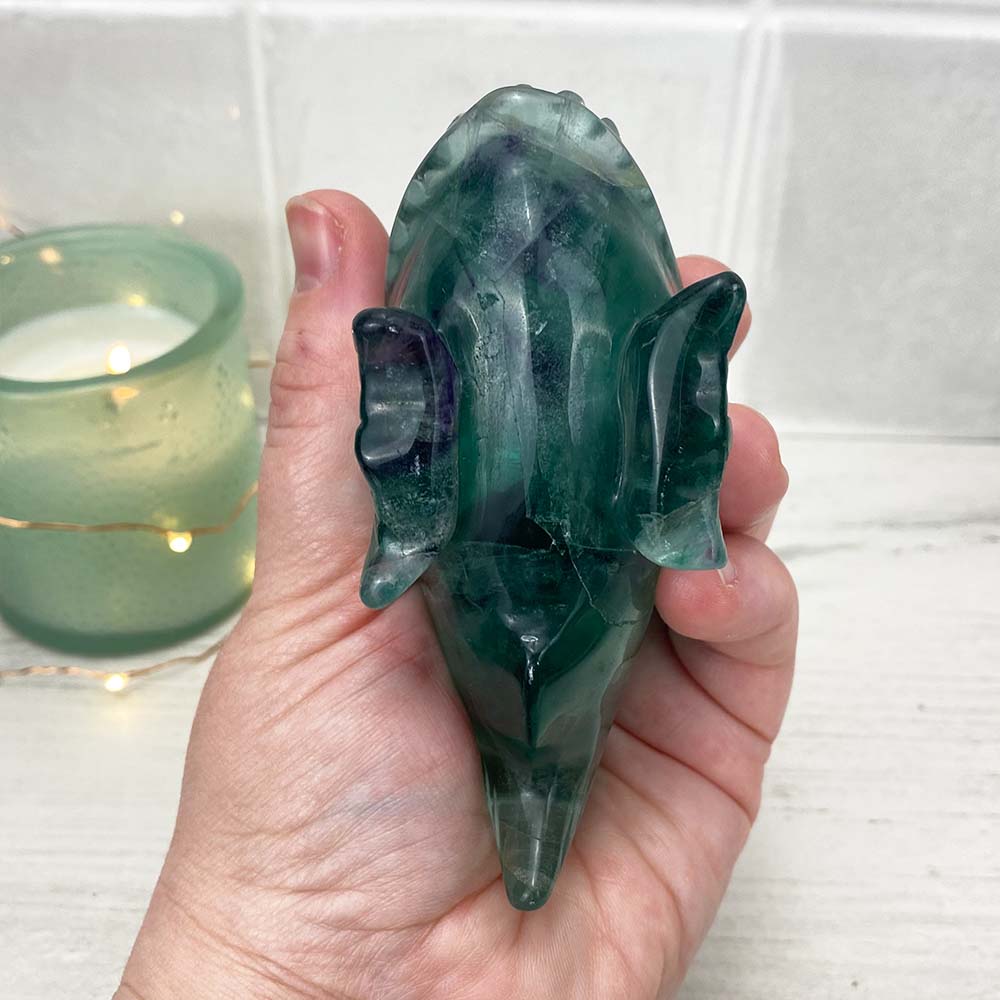 Polished Rainbow Fluorite Crystal Piranha Carving