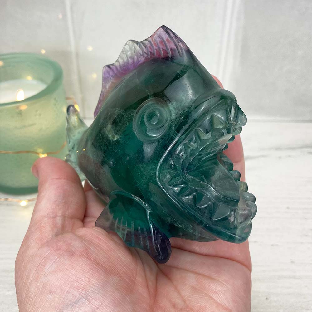Polished Rainbow Fluorite Crystal Piranha Carving