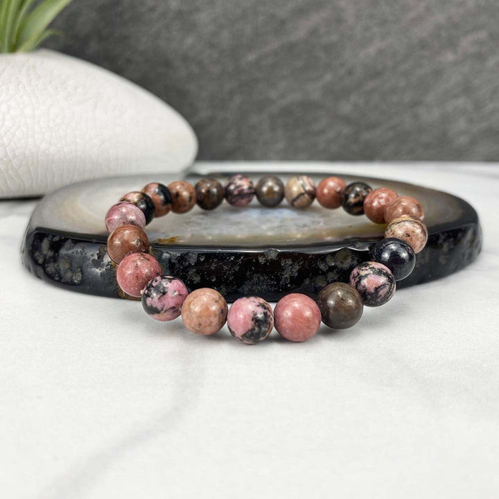 Polished Rhodonite Beaded Stretch Bracelet