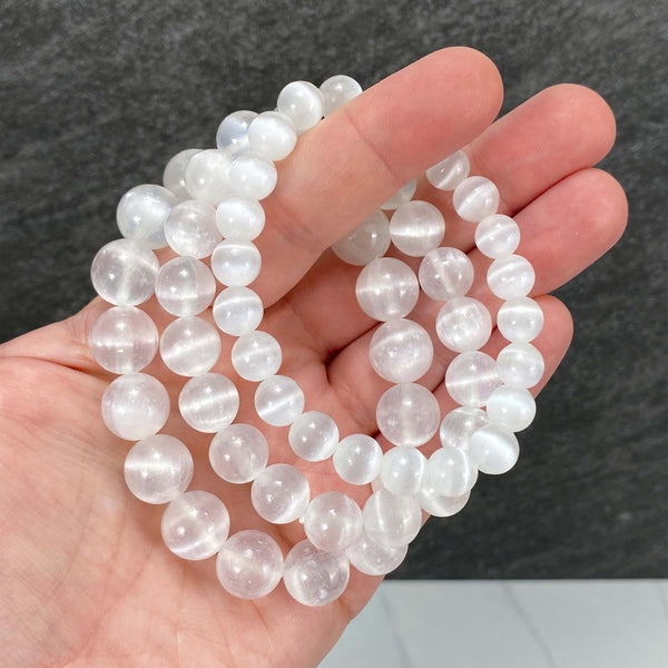 Polished Selenite Beaded Stretch Bracelet