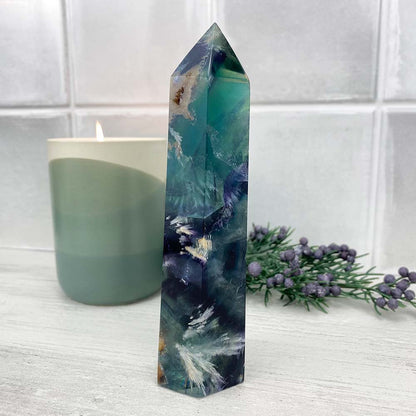 Polished Rainbow Snowflake Fluorite Tower