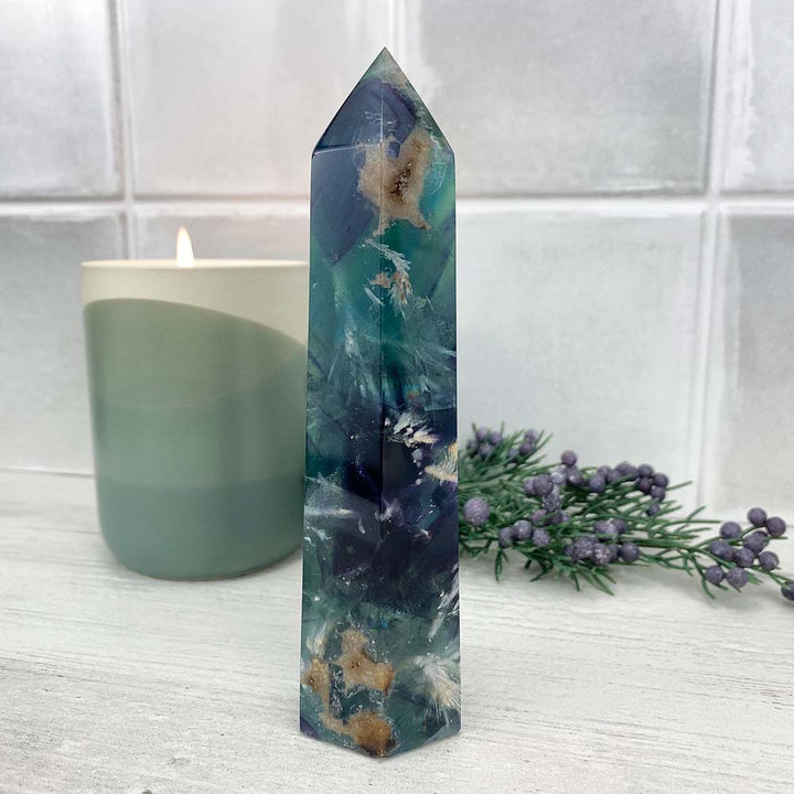 Polished Rainbow Snowflake Fluorite Tower