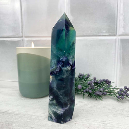 Polished Rainbow Snowflake Fluorite Tower