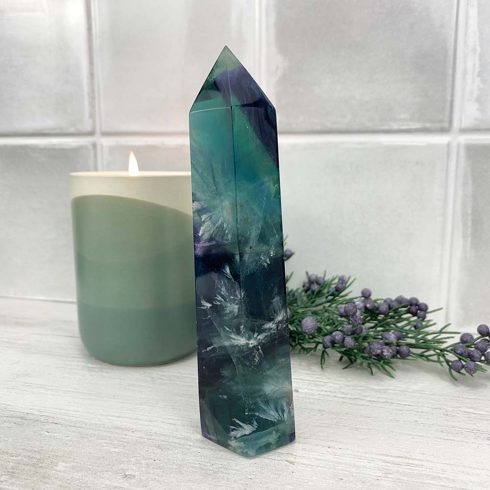 Polished Rainbow Snowflake Fluorite Tower