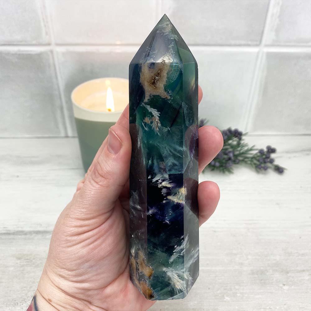 Polished Rainbow Snowflake Fluorite Tower