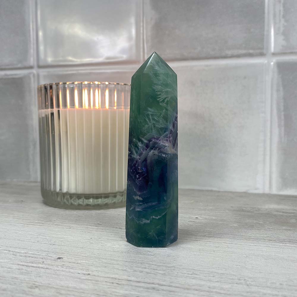 Polished Green and Purple Snowflake Fluorite Tower