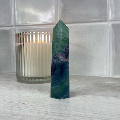 Polished Green and Purple Snowflake Fluorite Tower