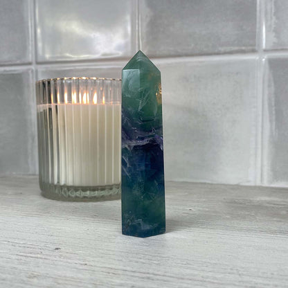 Polished Green and Purple Snowflake Fluorite Tower