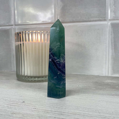 Polished Green and Purple Snowflake Fluorite Tower
