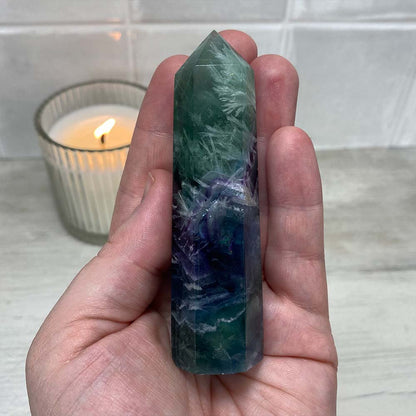 Polished Green and Purple Snowflake Fluorite Tower