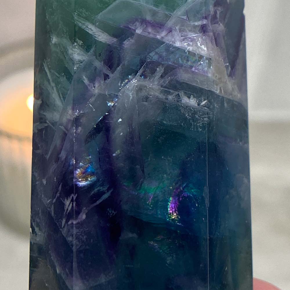 Polished Green and Purple Snowflake Fluorite Tower