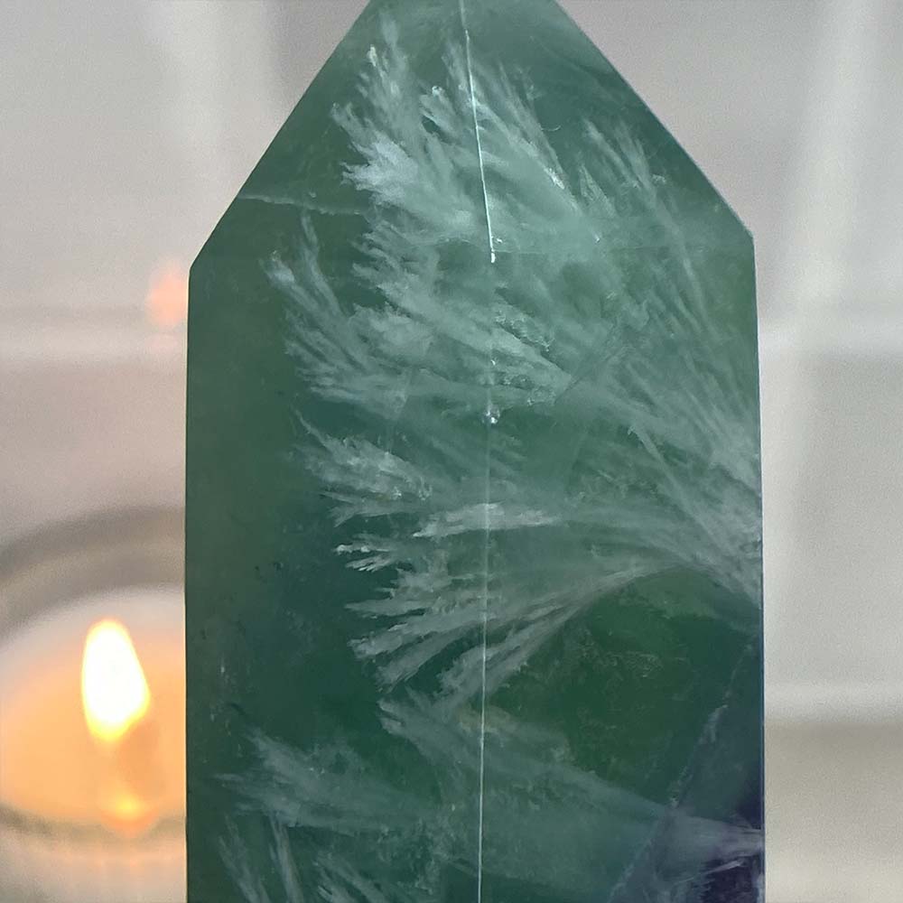 Polished Green and Purple Snowflake Fluorite Tower