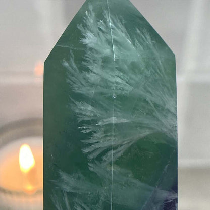 Polished Green and Purple Snowflake Fluorite Tower