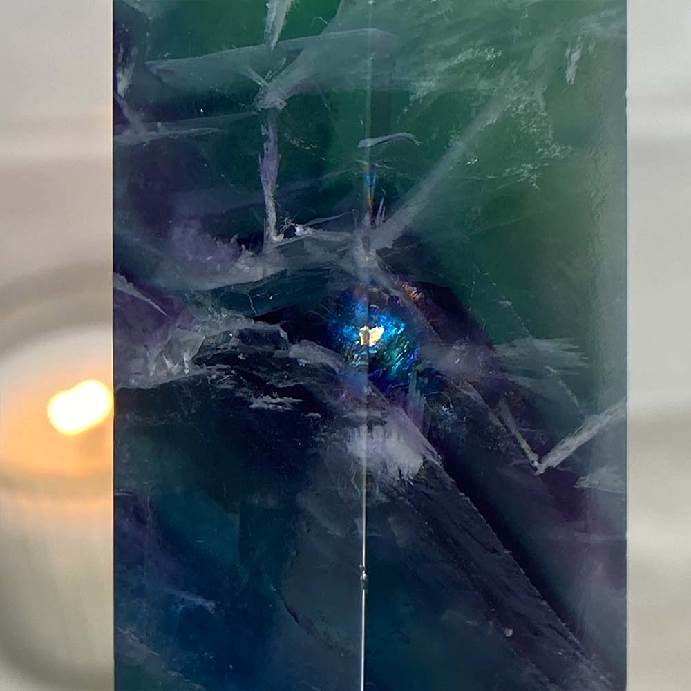 Polished Green and Purple Snowflake Fluorite Tower