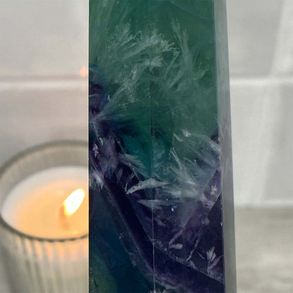Polished Green and Purple Snowflake Fluorite Tower