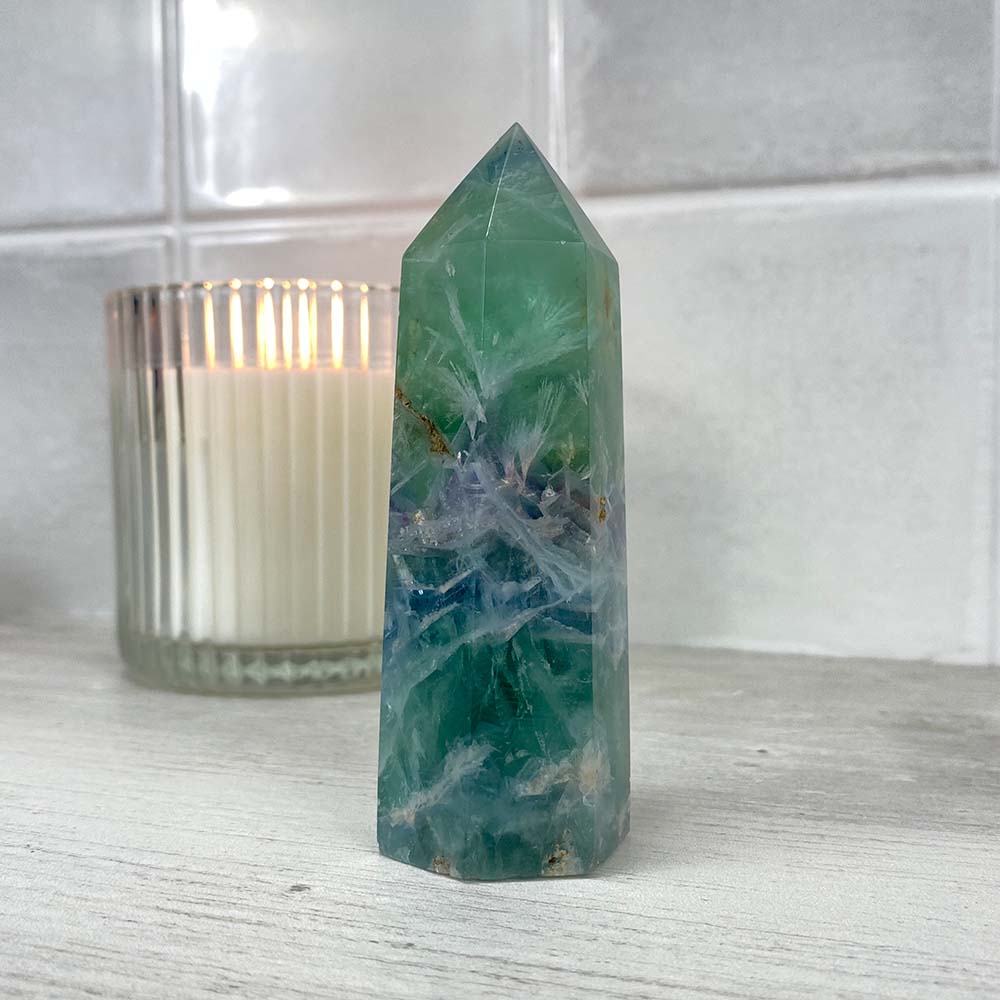 Polished Green Snowflake Fluorite Tower