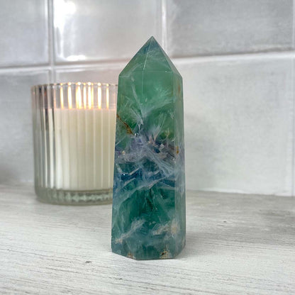 Polished Green Snowflake Fluorite Tower