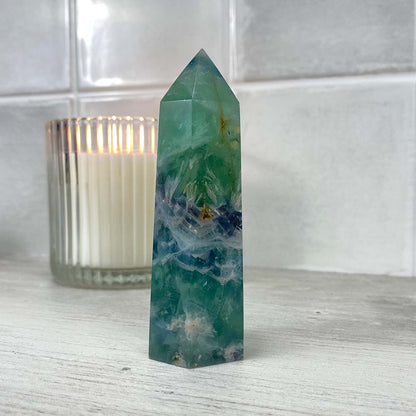 Polished Green Snowflake Fluorite Tower