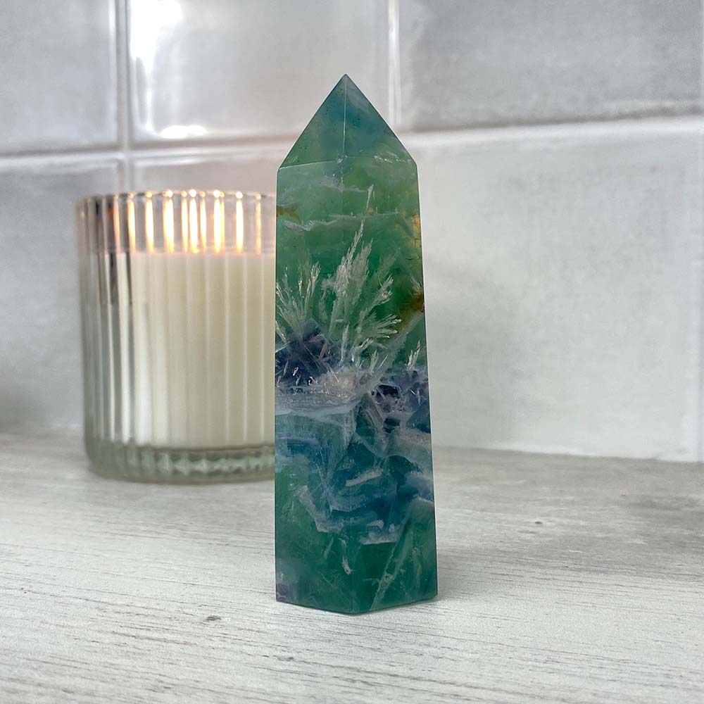 Polished Green Snowflake Fluorite Tower