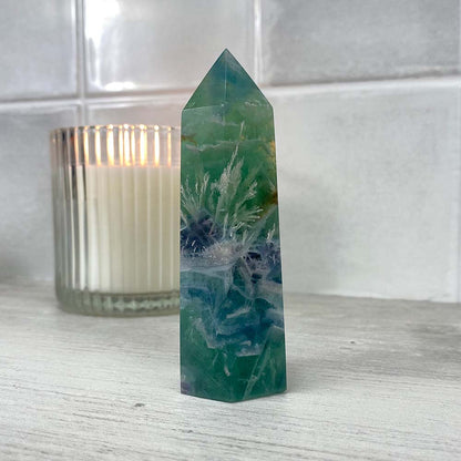 Polished Green Snowflake Fluorite Tower