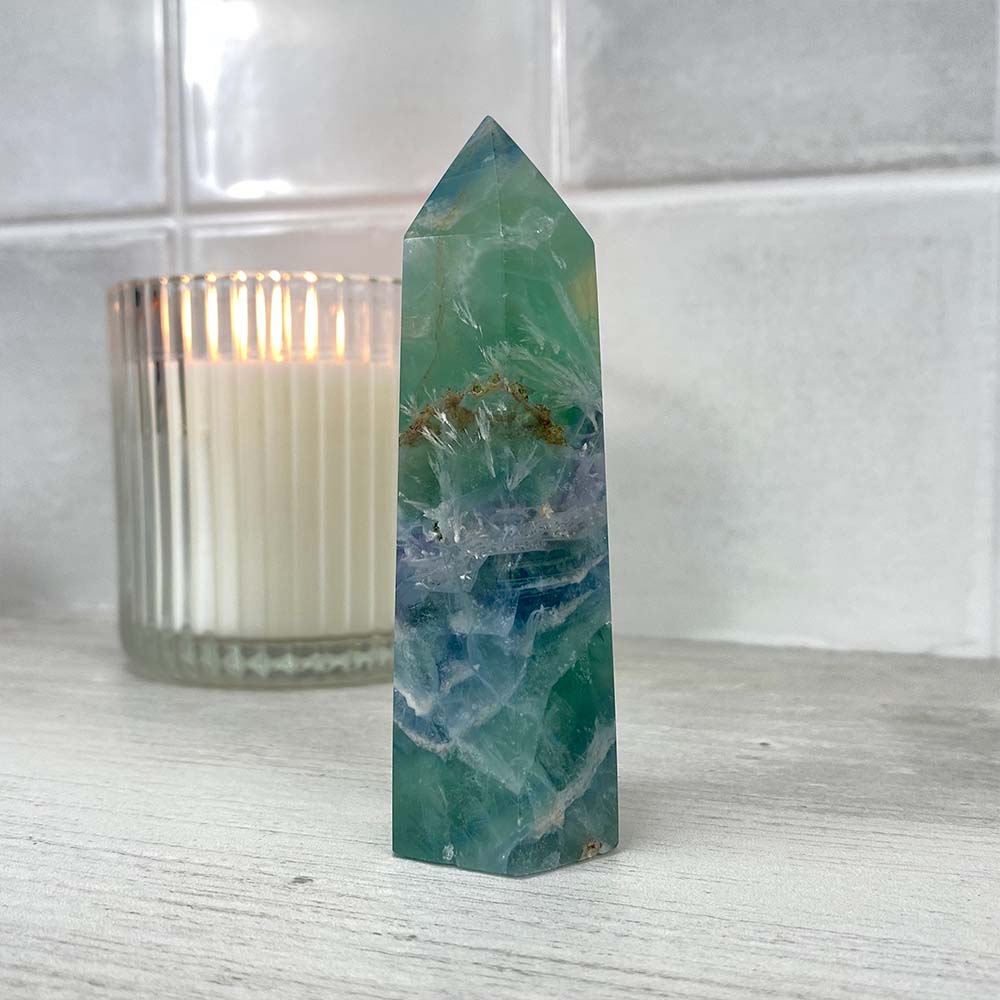 Polished Green Snowflake Fluorite Tower