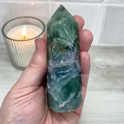Polished Green Snowflake Fluorite Tower