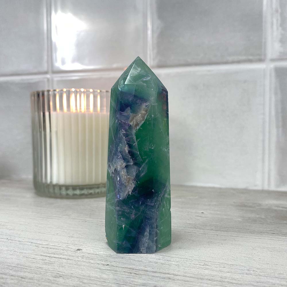 Polished Rainbow Snowflake Fluorite Tower