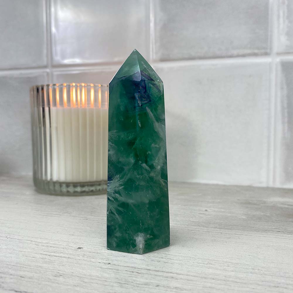 Polished Rainbow Snowflake Fluorite Tower