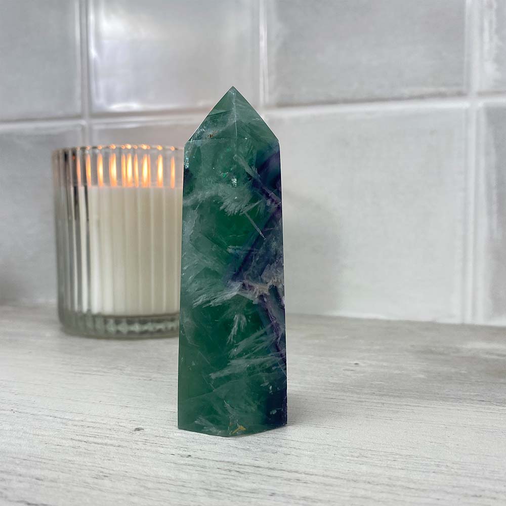 Polished Rainbow Snowflake Fluorite Tower