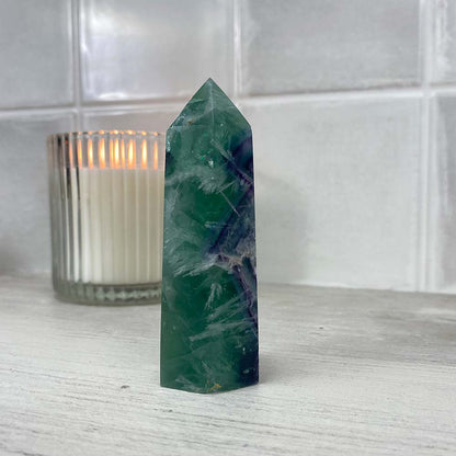 Polished Rainbow Snowflake Fluorite Tower