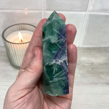 Polished Rainbow Snowflake Fluorite Tower