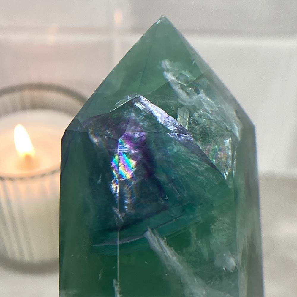 Polished Rainbow Snowflake Fluorite Tower
