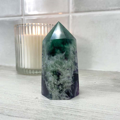 Polished Rainbow Snowflake Fluorite Tower