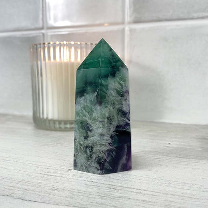 Polished Rainbow Snowflake Fluorite Tower