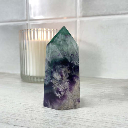 Polished Rainbow Snowflake Fluorite Tower