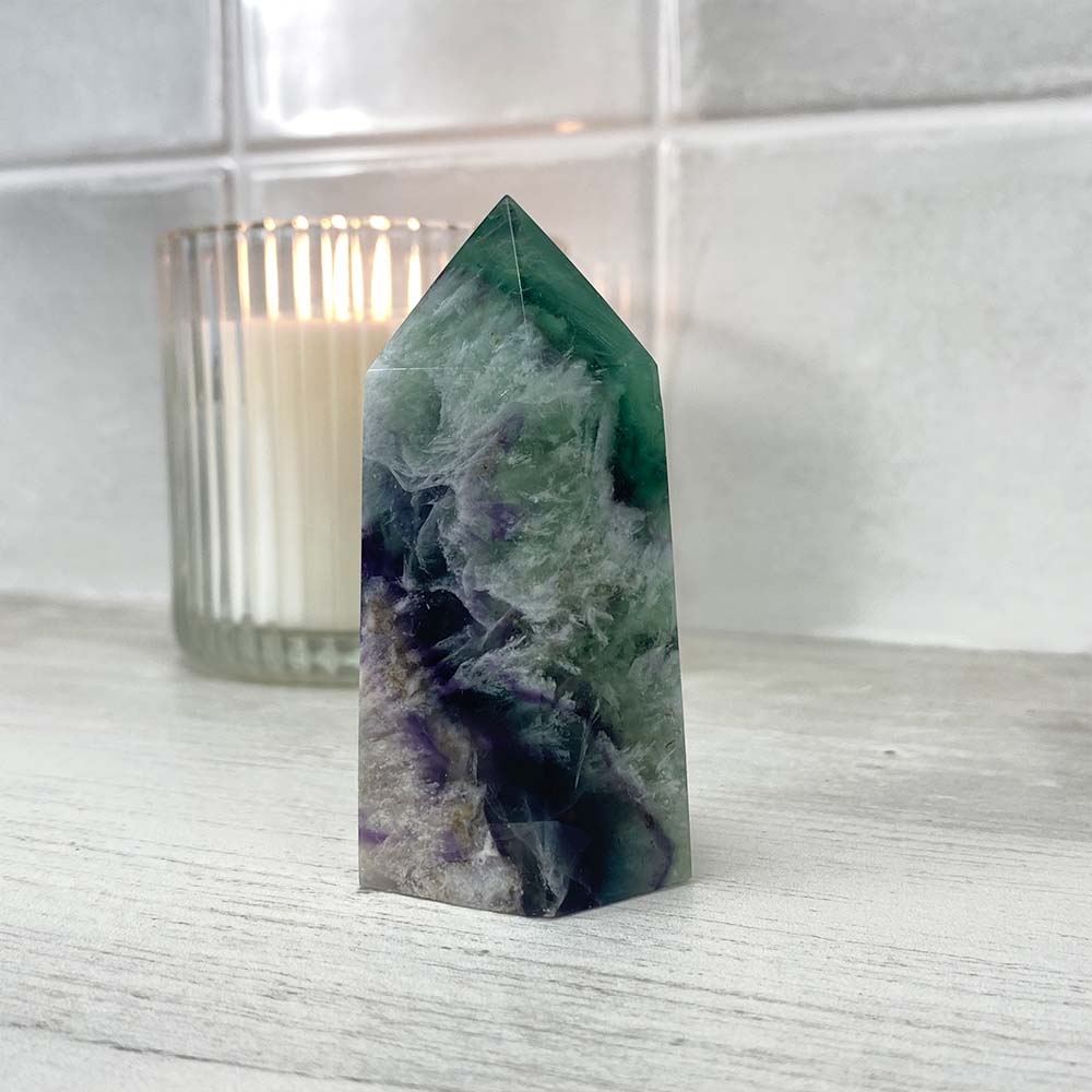 Polished Rainbow Snowflake Fluorite Tower