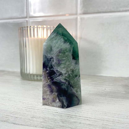 Polished Rainbow Snowflake Fluorite Tower