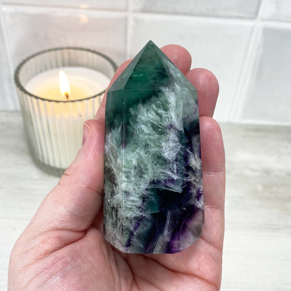 Polished Rainbow Snowflake Fluorite Tower