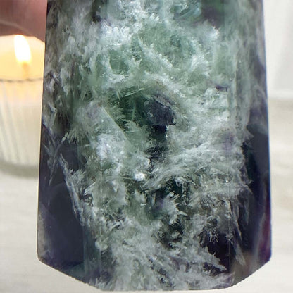 Polished Rainbow Snowflake Fluorite Tower