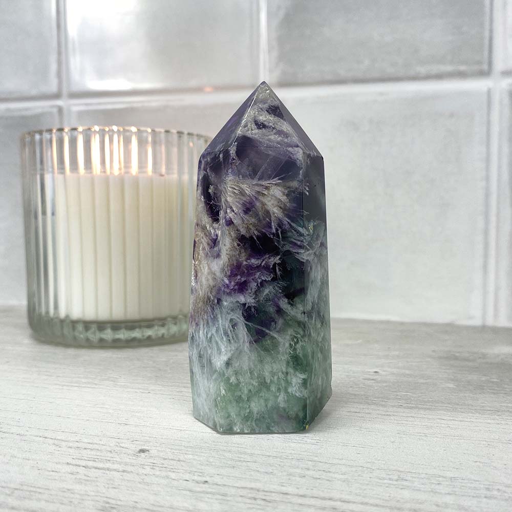 Polished Rainbow Snowflake Fluorite Tower