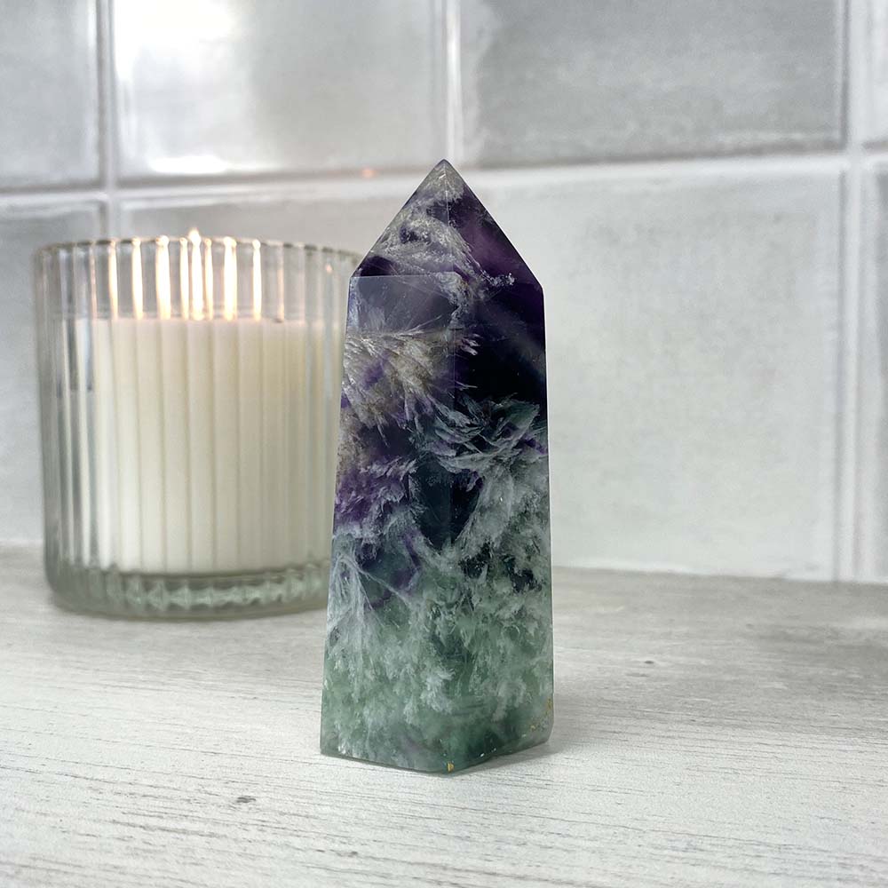 Polished Rainbow Snowflake Fluorite Tower