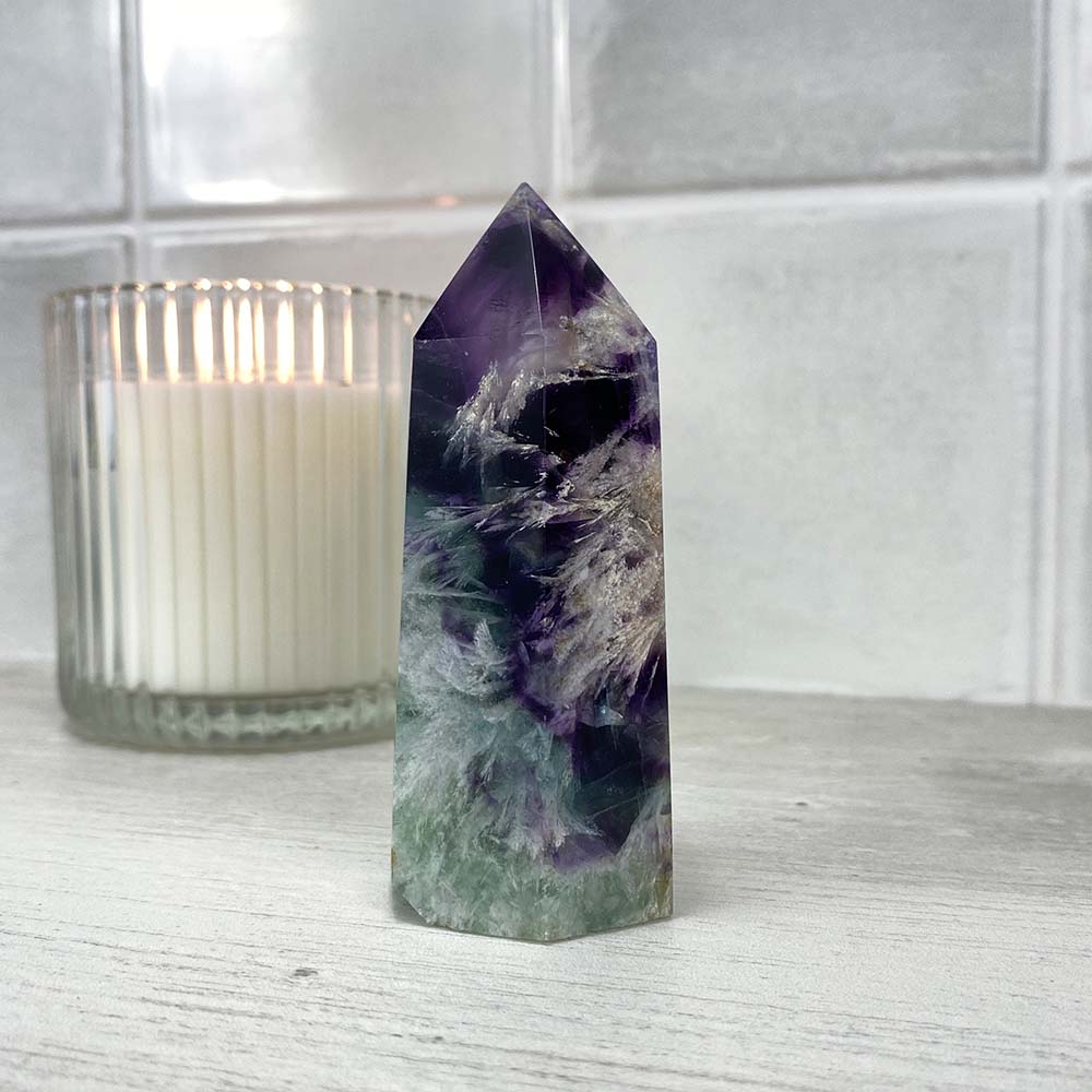 Polished Rainbow Snowflake Fluorite Tower