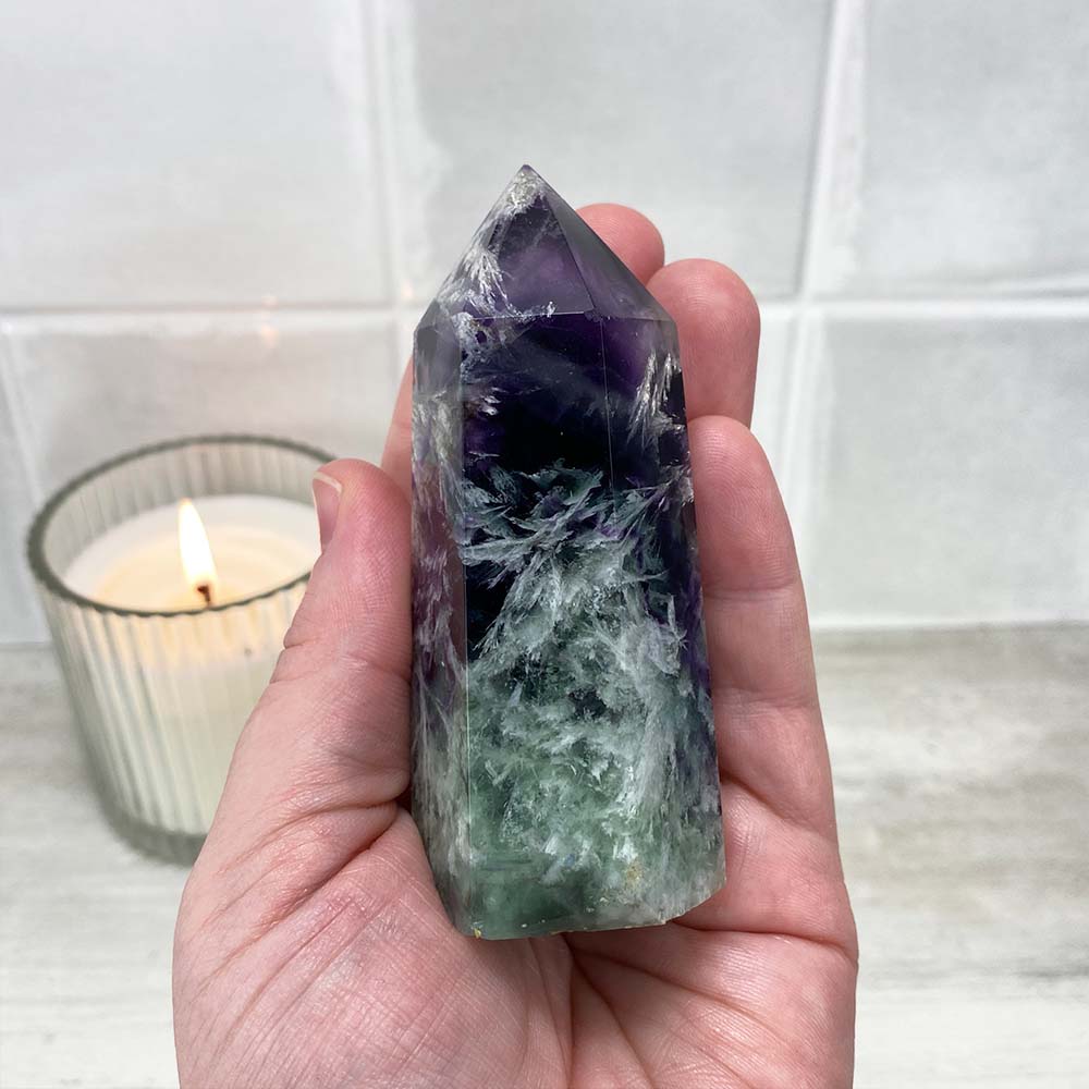 Polished Rainbow Snowflake Fluorite Tower