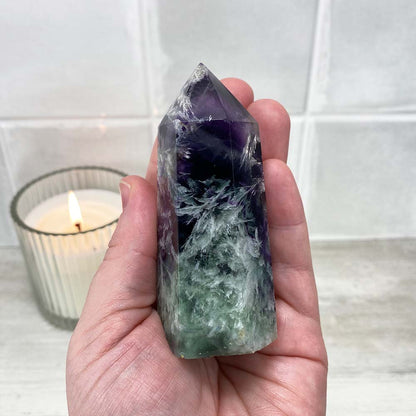 Polished Rainbow Snowflake Fluorite Tower